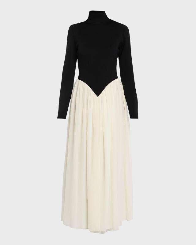 Turtleneck Long-Sleeve V-Waist Gauze Fit-&-Flare Gown